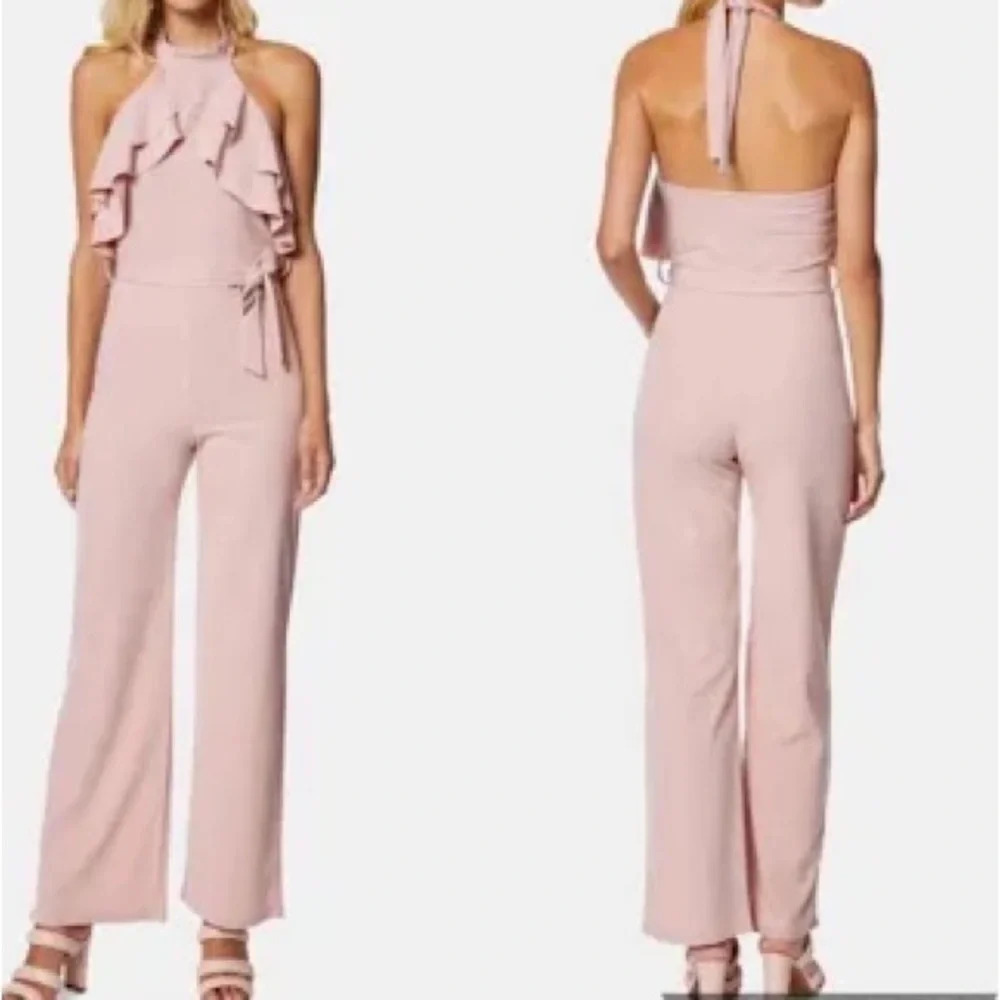 Avec Les Filles Halter Neck Backless Ruffled Jumpsuit in Dusty Pink - Size 2